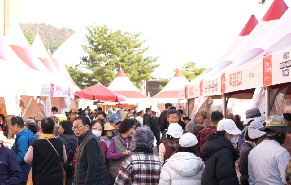 Crowd of visitors in autumn jackets and hats walking between rows of white and red peaked festival tents, trees behind